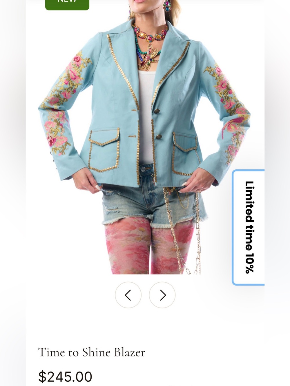 NWT aratta Time to Shine Light Blue Embroidered Blazer